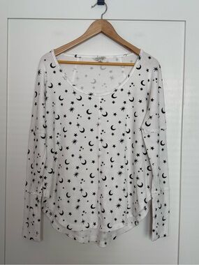 Lucky Brand Thermal Waffle Knit Top Womens Sz L White Stars Moon Long Sleeve